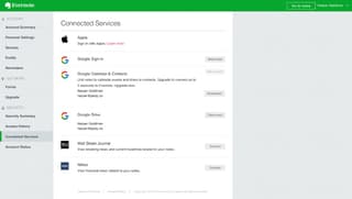 Integrations tab in Evernote settings with options for Apple, Google, Wall Street Journal, and Nikkei