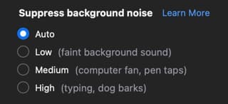 Noise canceling settings menu on Zoom
