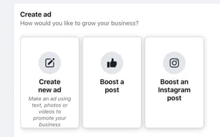 Screenshot of Meta ad options