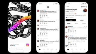 Screenshots of the home, feed, and profile pages on the app