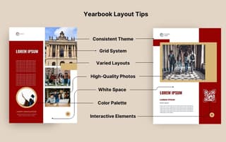 yearbook layout tips consistent theme grid system varied layouts high-quallity photos white space color palette interactive ellements